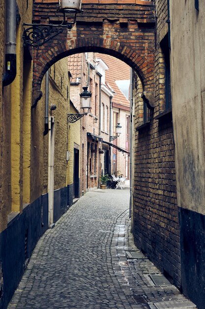 Capture verticale des rues étroites de Bruges en Belgique avec de vieux murs de briques