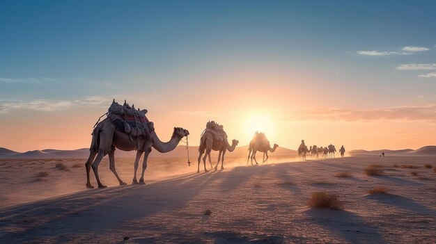 Caravane de chameaux dans le désert au lever du soleil Image générée par l'IA