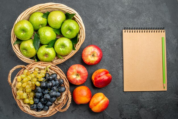 carnet de fruits crayon pommes et raisin dans le panier et nectarines