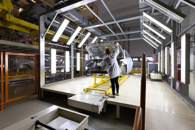 Les carrosseries sont sur la chaîne de montage Usine de production de voitures Industrie automobile moderne Une voiture en cours de vérification avant d'être peinte dans une entreprise de haute technologie