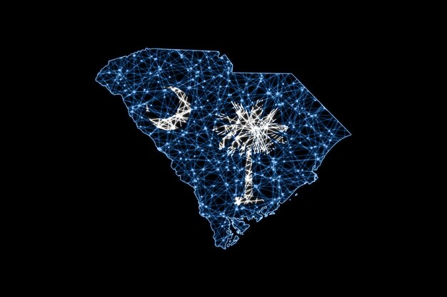 Carte de la Caroline du Sud, carte de la ligne de maillage polygonale, carte du drapeau