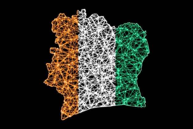 Carte de la Côte d'Ivoire, carte de la ligne de maillage polygonale, carte du drapeau