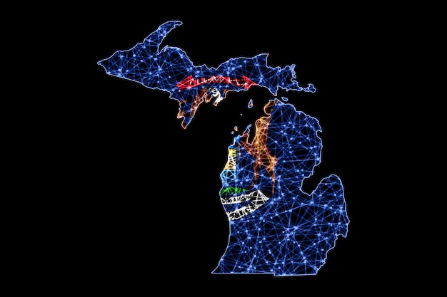 Carte du Michigan, carte de la ligne de maillage polygonale, carte du drapeau