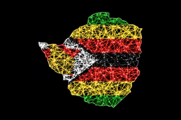 Carte du Zimbabwe, carte de la ligne de maillage polygonale, carte du drapeau