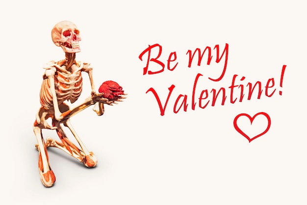 Carte effrayante être mon squelette de la saint-valentin garde son cœur isolé sur fond blanc la vie l'amour et la mort...