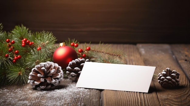 Photo gratuite une carte de noël rustique repose sur une table en bois fournissant une zone vide pour vous d'écrire vos souhaits de vacances