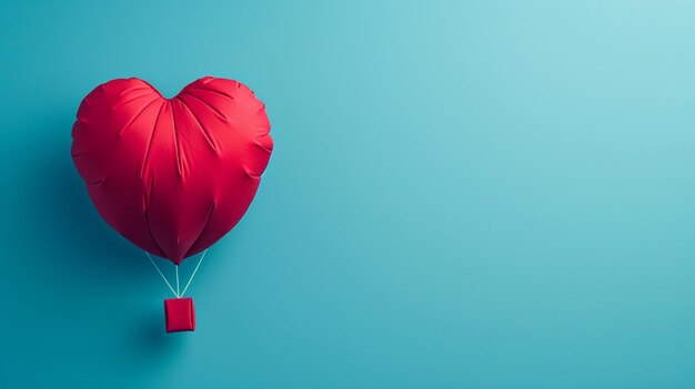 Carte postale de la Saint-Valentin avec ballon à air chaud en forme de coeur rouge sur fond bleu isolé