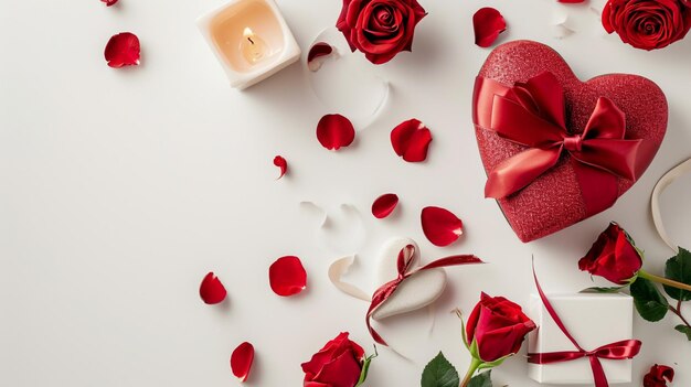 Carte postale de la Saint-Valentin avec des roses en forme de coeur et des bougies sur fond blanc