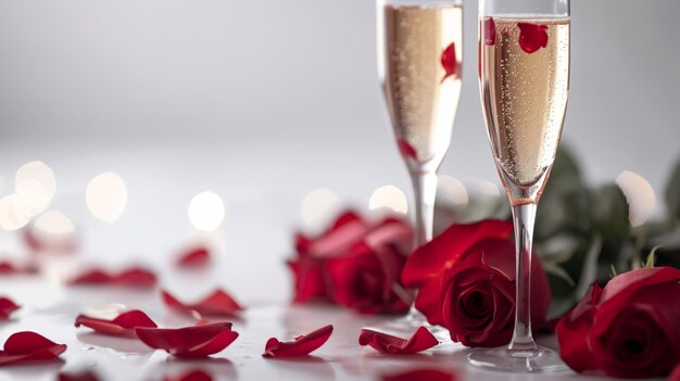 Carte postale de la Saint-Valentin avec verres de champagne et roses pour célébrer la Saint-Valentin sur fond blanc