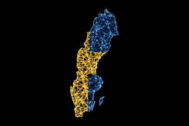 Carte de la Suède, carte de la ligne de maillage polygonale, carte du drapeau