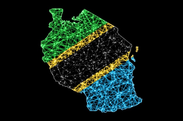 Carte de la Tanzanie, carte de la ligne de maillage polygonale, carte du drapeau