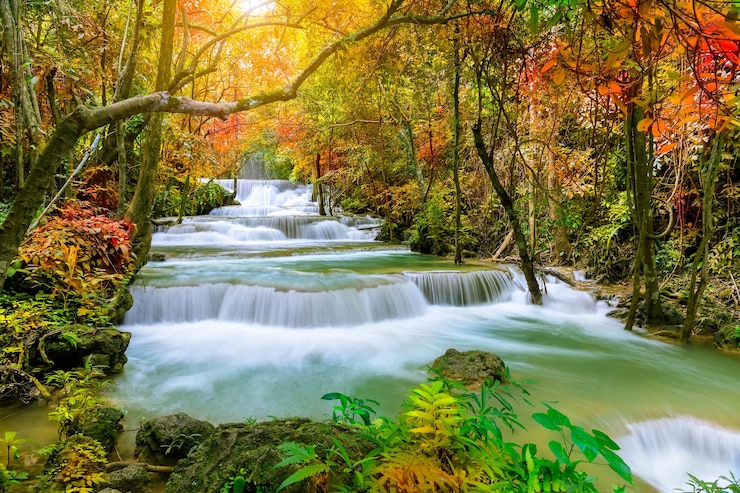 Photo gratuit une cascade majestueuse et colorée dans la forêt du parc national en automne.