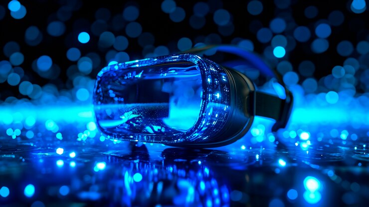 Photo gratuit un casque ar de haute technologie entouré de couleurs bleu néon brillantes.