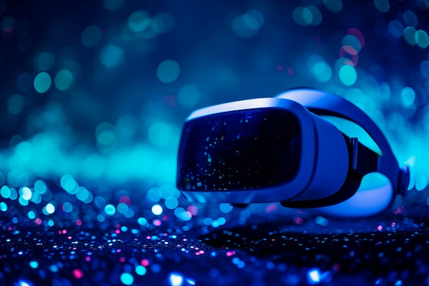 Photo gratuite un casque ar de haute technologie entouré de couleurs bleu néon brillantes.