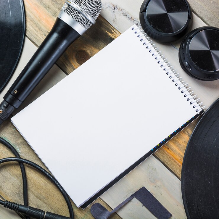 Photo gratuit casque de musique; microphone; disque vinyle et bloc-notes à spirale vierge sur une table en bois