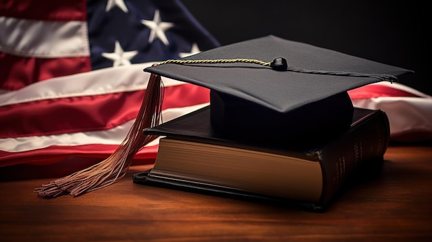 Photo gratuite la casquette de graduation repose sur un livre rouge avec un drapeau américain en arrière-plan