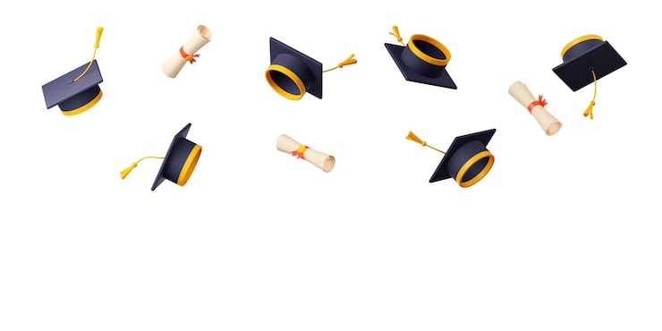 Photo gratuit casquettes académiques 3d et rouleaux de diplôme volant