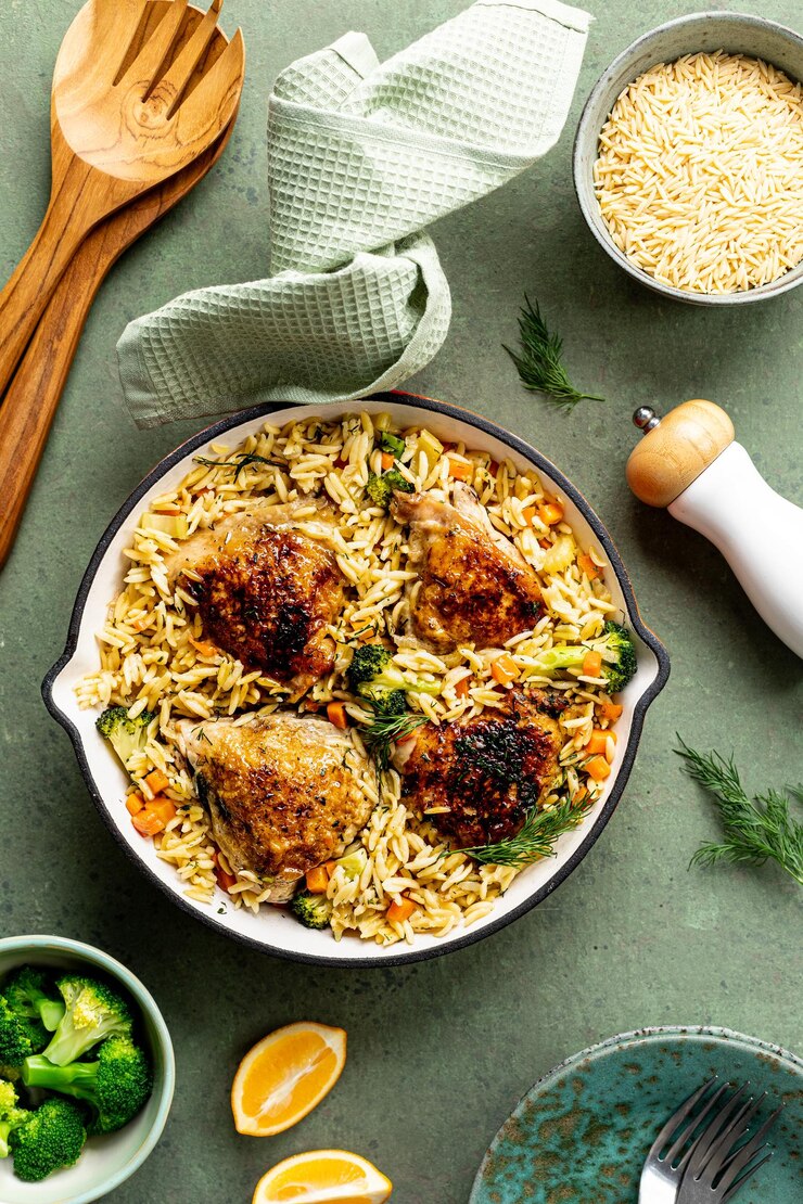 Une casserole de poulet et une casserole d'orzo