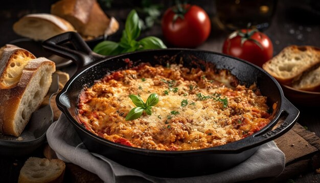 Casserole rustique fraîchement cuite sur une table en bois générée par l'IA