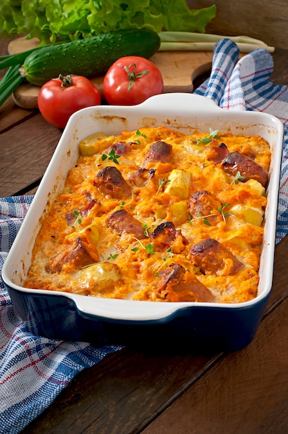 Casserole avec saucisse, bacon et pommes dans une sauce au potiron et au fromage