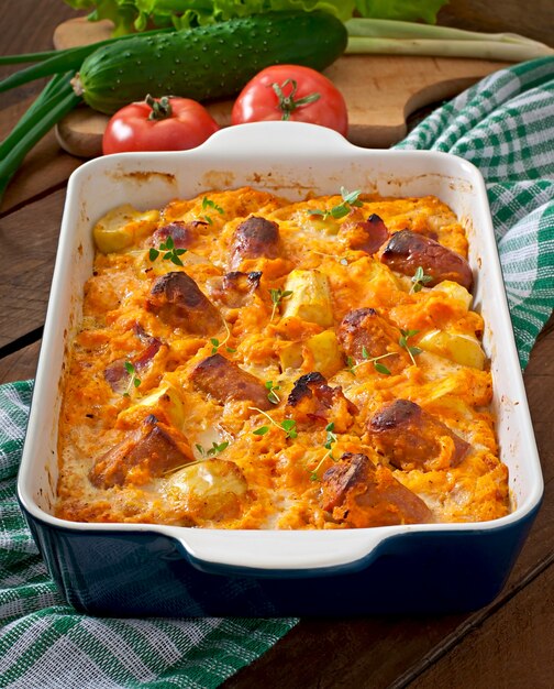 Casserole avec saucisse, bacon et pommes dans une sauce au potiron et au fromage