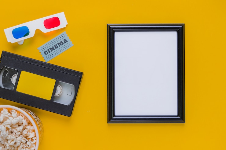 Photo gratuit cassette vidéo avec des lunettes 3d et un cadre