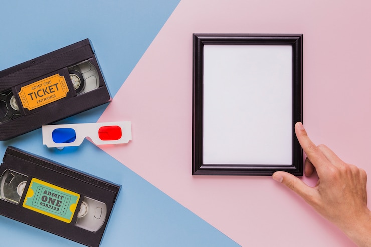 Photo gratuit cassette vidéo avec des lunettes 3d et un cadre
