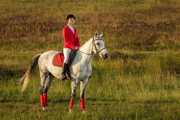 La cavalière sur un cheval rouge. Équitation. Course de chevaux. Cavalier à cheval.