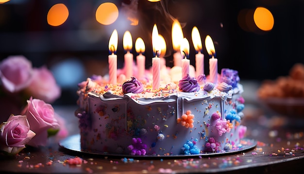 Photo gratuite célébration d'anniversaire avec un gâteau au chocolat gourmet et une romance aux bougies générée par l'intelligence artificielle