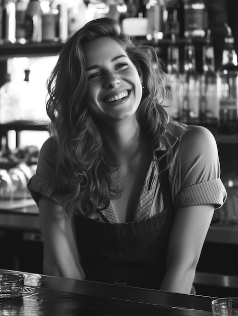 Célébration de la fête du travail avec une vue monochrome d'une femme travaillant comme barista