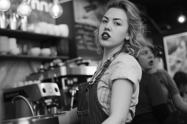 Célébration de la fête du travail avec une vue monochrome d'une femme travaillant comme barista