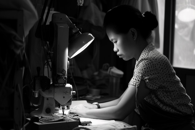 Célébration de la fête du travail avec une vue monochrome d'une femme travaillant comme couturière