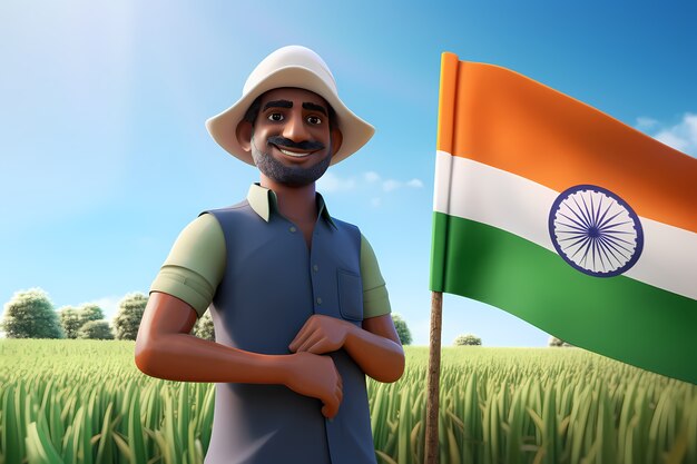 Célébration de la fête de la République de l'Inde avec une personne 3D et un drapeau