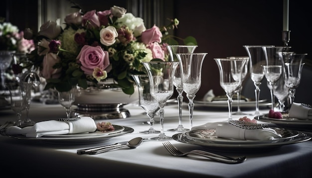 Célébration de mariage de luxe avec une décoration élégante et un bouquet généré par l'IA