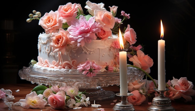 Photo gratuite célébration de mariage romantique avec un bouquet de fleurs élégant et des bougies générées par l'intelligence artificielle