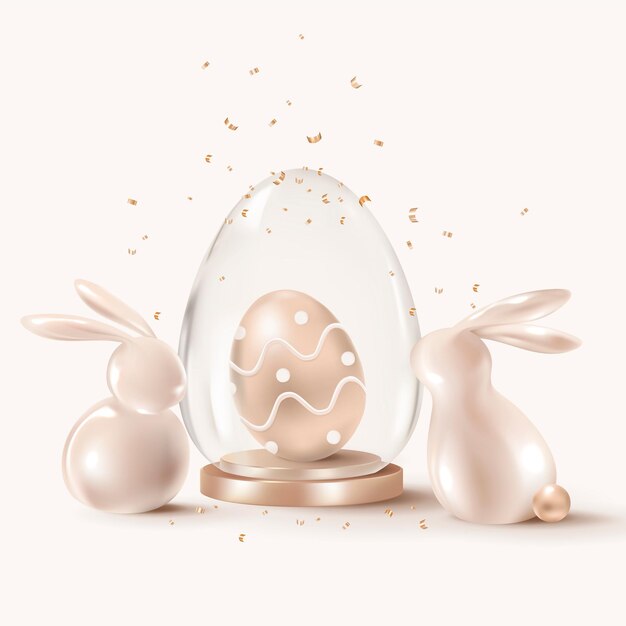 Célébration de Pâques d'or 3D avec lapin et oeufs
