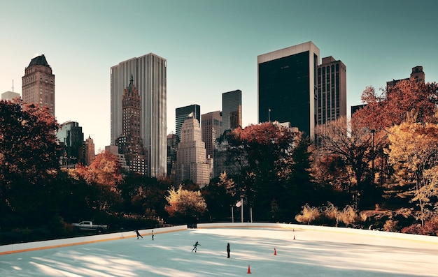 Photo gratuite central park patinoire d'automne sur les toits du centre-ville de manhattan new york city