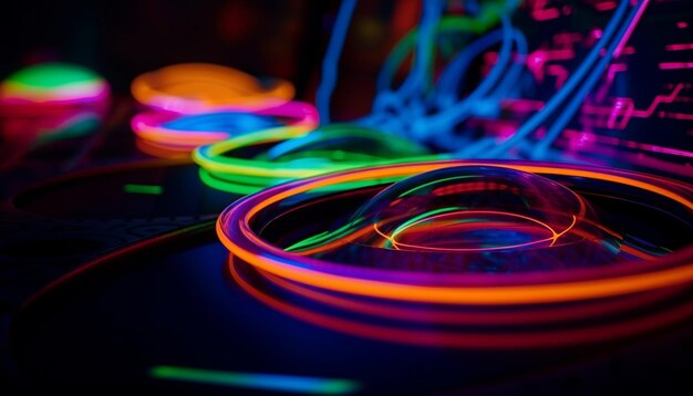 Un cercle de néons lumineux tourne dans une discothèque futuriste générée par l'IA