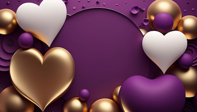 Cercle d'or et ballons saint valentin 3d fond violet générative ai