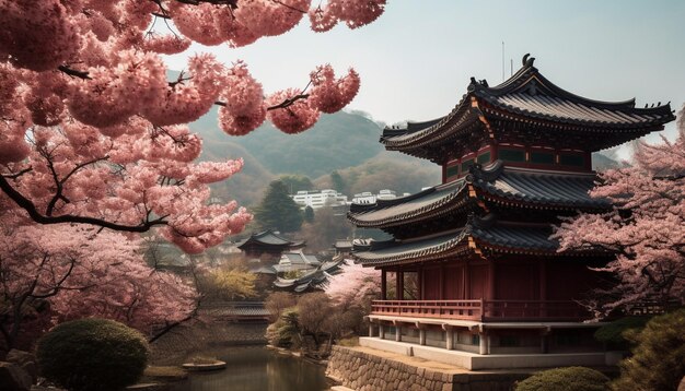 Cerisier en fleurs dans un ancien jardin japonais généré par l'IA