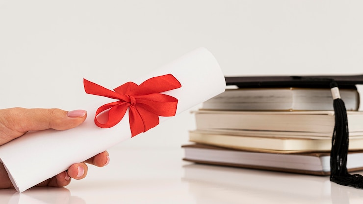 Photo gratuit certificat avec ruban et chapeau de graduation