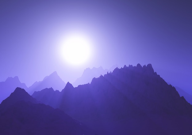 Chaîne de montagnes 3D sur un ciel de coucher de soleil violet