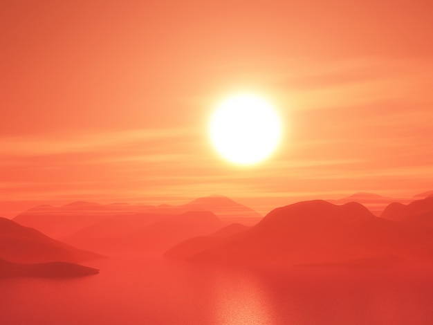 Photo gratuite chaîne de montagnes 3d contre un ciel coucher de soleil