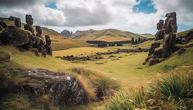 Photo gratuite chaîne de montagnes majestueuse aventure à distance des ruines antiques générée par l'ia