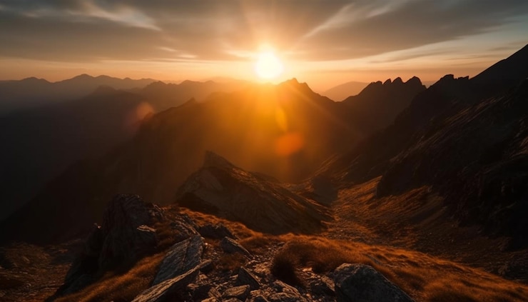 Photo gratuit chaîne de montagnes majestueuse beauté panoramique tranquille au coucher du soleil générée par l'ia