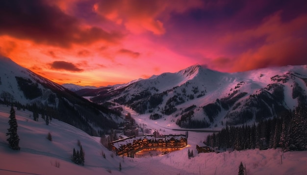 Chaîne de montagnes majestueuse illuminée par un coucher de soleil paisible généré par l'IA