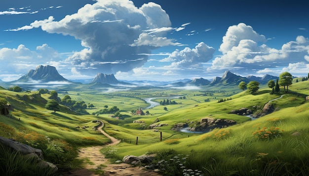 Chaîne de montagnes majestueuse prairie tranquille ciel bleu herbe verte générée par l'intelligence artificielle