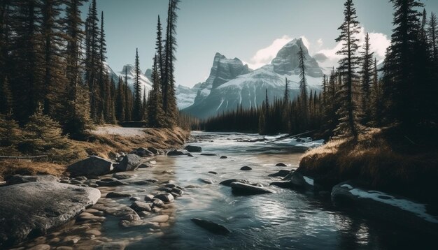 Une chaîne de montagnes majestueuse reflète la beauté tranquille de la nature une prairie idyllique générée par l'intelligence artificielle