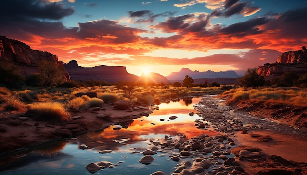 Photo gratuite une chaîne de montagnes majestueuse reflète un coucher de soleil tranquille sur un grès érodé généré par l'intelligence artificielle.