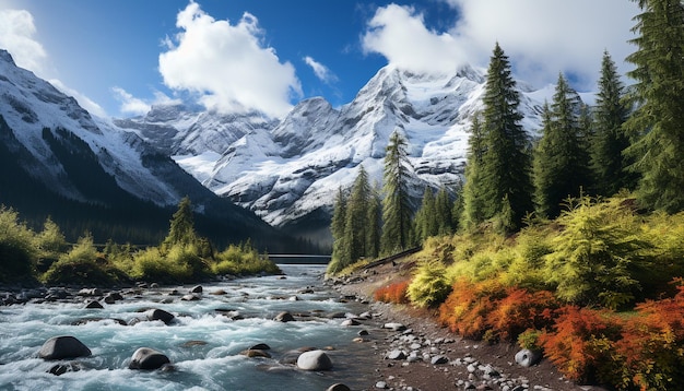 Photo gratuite une chaîne de montagnes majestueuse reflète l'eau bleue et tranquille générée par l'intelligence artificielle.